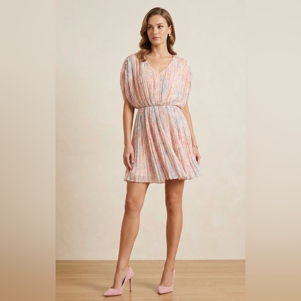 Pastel Pleated Short Dress with V-Neck- Size 8- label tag was removed